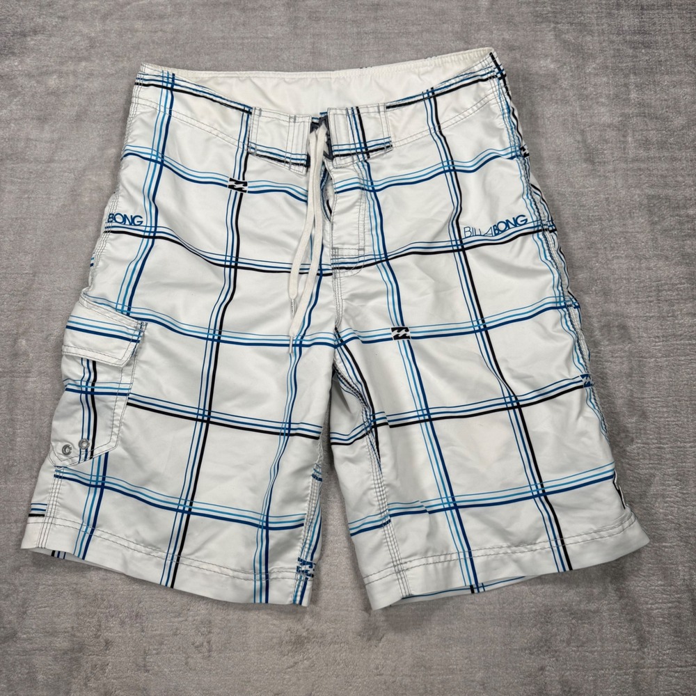 Billabong Board Shorts Mens 34 White Blue Plaid Vtg Y2K Cargo Pocket Swim Trunks
